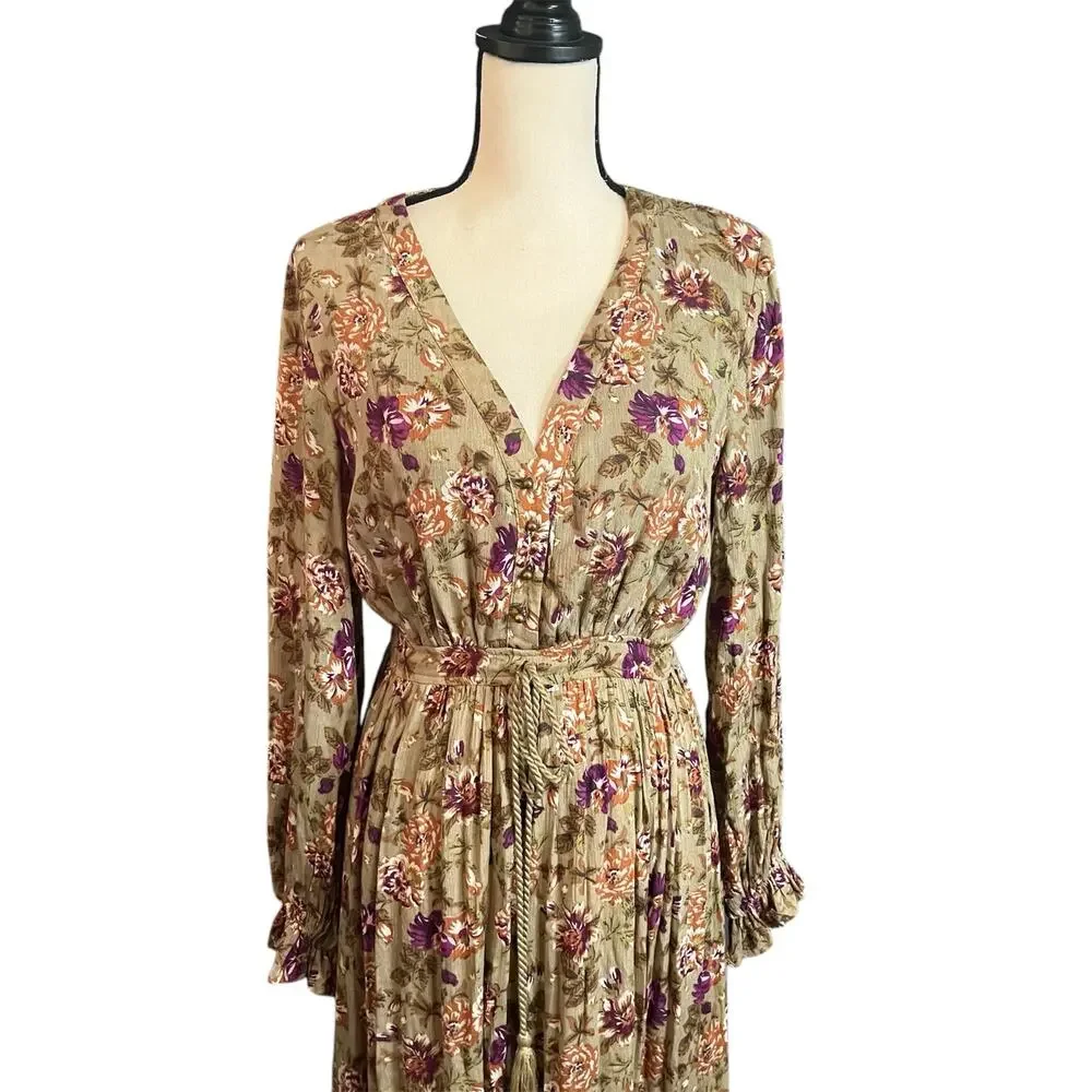 Sweet Lemon NEW Women's Olive Green Floral Maxi Dress Sz M Festival Romance